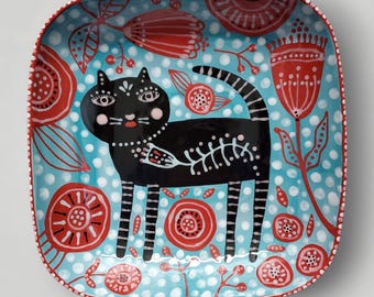 Ceramic Black Cat Flowers LARGE SQUARE Folk Art Deep Dish by Sharon Bloom Designs