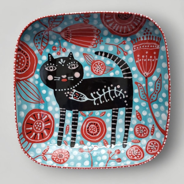 Ceramic Black Cat Flowers LARGE SQUARE Folk Art Deep Dish by Sharon Bloom Designs