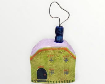 Handmade Ceramic Folk Art Colorful Cottage Wire Chimney Smoke - for Home Decor - Signed and Dated 2026