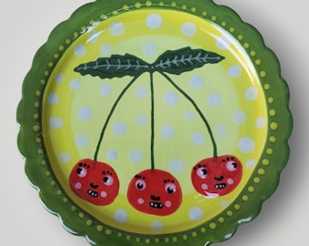 Whimsical Ceramic Cherries Cute Hand Painted Scallop Edge Small Plate