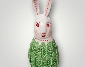 Handmade Ceramic Garden White Bunny Folk Art Sculptural Rattle