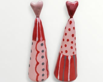 Ceramic Pink And Red Mini Heart Trees Sculptures SET OF TWO Decorations By Sharon Bloom Designs