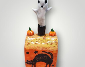 Spooky Handmade Ceramic Halloween  House with Ghost Spooky Tree Cat Moon Sculpture