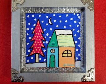 Christmas Winter Snow Scene Original Folk Art Painting By Sharon Bloom Designs