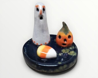 Halloween Ceramic Minature  Vignette Ghost Pumpkin Candy Corn Handmade