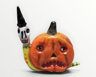 Halloween Ceramic Snail Skeleton Witch  Pumpkin Whimsical Sculpture-Sharon Bloom Designs