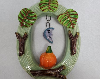 Ceramic Autumn Halloween Pumpkin Twigs Moon Leaves House Jewelry By Sharon Bloom Designs