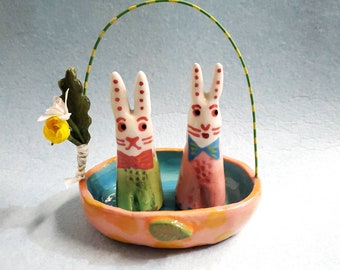 Ceramic Anthropomorphic White Bunnies w/Basket SET OF THREE Sculpture Handmade by Sharon Bloom Designs