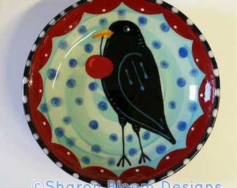 Blackbird Crow Cherry Folk Art Small Ceramic Bowl Hand Painted by Sharon Bloom Designs
