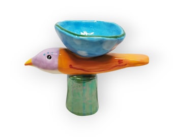 Handmade Folk Art Ceramic Bird Sculptural Trinket Ring Dish with Mother of Pearl Luster Accents
