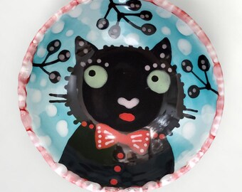 Ceramic Black Cat Red Bow Tie Little Dapple Edge Bowl Hand Painted by Sharon Bloom Designs