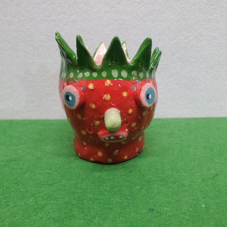Ceramic Speckled Strawberry Fruit Friend Candy Cup Container Sculpture Handmade Sharon Bloom Designs image 1