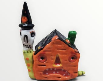 Halloween Ceramic Snail Skeleton Witch Haunted House Whimsical Sculpture-Sharon Bloom Designs