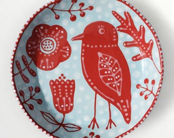 Ceramic Red Bird Flowers Folk Art Medium Dish by Sharon Bloom Designs