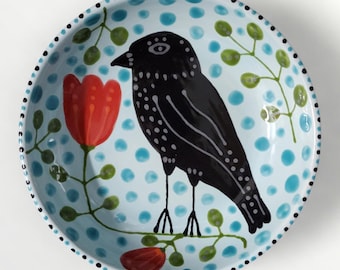 Ceramic Black Bird Flower Small Folk Art Bowl Hand Painted by Sharon Bloom Designs