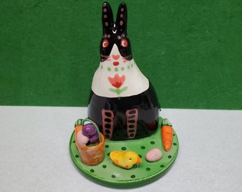 Ceramic Dutch Bunny Black and White Basket Eggs carrots Sculpture with Handmade by Sharon Bloom Designs