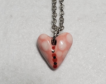 Ceramic Pink Polka Dot Heart Necklace Handmade by Sharon Bloom Designs