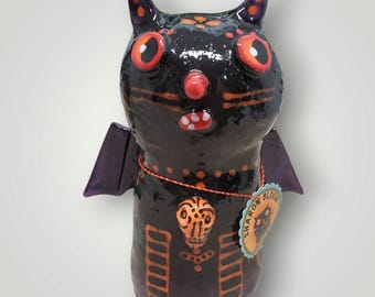 Halloween Ceramic Bat Winged Black Cat Sculpture Handmade by Sharon Bloom Designs