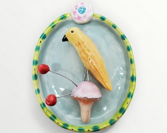 Ceramic Wall Sculpture Bird Berries Mushroom Vignette House Jewelry By Sharon Bloom Designs