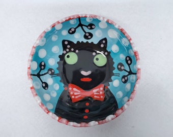 Ceramic Folk Art Black Cat Red Bow Tie Little Dapple Edge Bowl Hand Painted by Sharon Bloom Designs