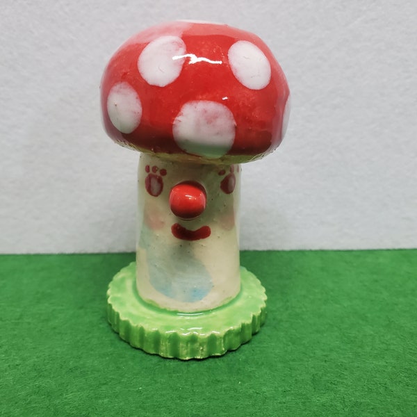 Polka Dot Mushroom Character Ceramic Sculpture Handmade By Sharon Bloom Design
