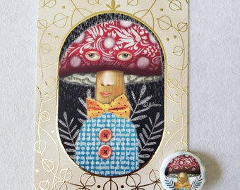 Mushroom Man Gold Foil Embossed Studio Art Card with Matching Button SET OF TWO by Sharon Bloom Designs