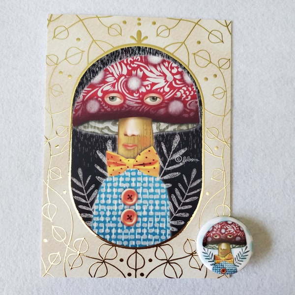 Mushroom Man Gold Foil Embossed Studio Art Card with Matching Button SET OF TWO by Sharon Bloom Designs