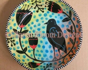 Flora and Fauna Small Ceramic Bowl Hand Painted by Sharon Bloom Designs