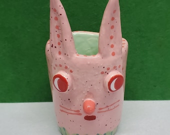 Ceramic Speckled Pink Bunny Candy Cup Container Sculpture Spring Easter Handmade Sharon Bloom Designs