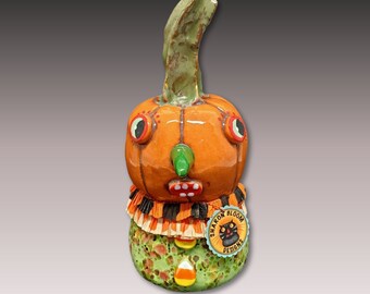 Handmade Ceramic Halloween Pumpkin Rattle Noisemaker Sculpture with Candy Corn Buttons-Green Nose and Crepe Paper Embellishments