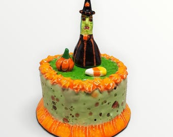 Halloween Ceramic Handmade Green Witch Cake Sculpture