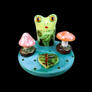 Handmade Ceramic Frog Sculpture with Mushroom Embellishments