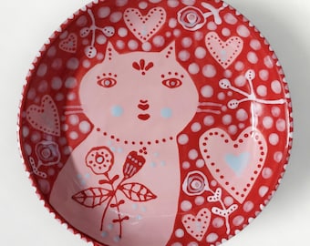 Valentine Ceramic Pink Cat Hearts Folk Art Medium Dish by Sharon Bloom Designs