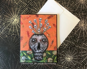 Halloween Skull Vase Skeleton Flowers Blank Note Card Painting by Sharon Bloom Designs