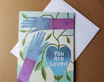 You Are Loved Hands and Heart Blank Note Card by Sharon Bloom Designs