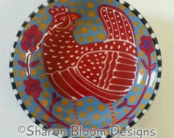 Folk Art Red Chicken Hen Flowers Small Ceramic Bowl Hand Painted by Sharon Bloom Designs