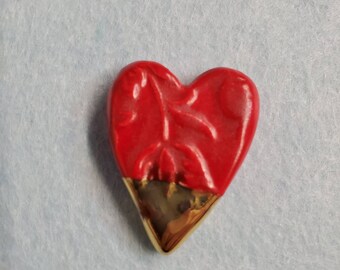 Ceramic Embossed Red Heart Brooch Pin Handmade by Sharon Bloom Designs