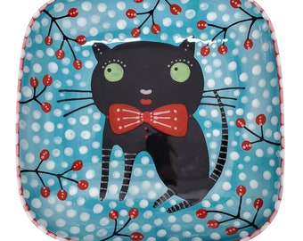 Ceramic Black Cat Red Bow Tie LARGE SQUARE Folk Art Deep Dish by Sharon Bloom Designs