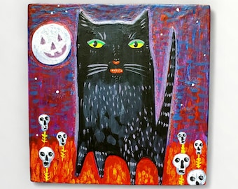 Halloween Mixed Media Original Painting on Wood Midnight Familar Black Cat Moon Skulls by Sharon Bloom for EHAG