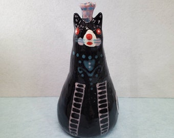 Ceramic Royal Black Cat Crown Folk Art Sculpture by Sharon Bloom Designs