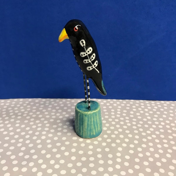 Blackbird Crow Bird Folk Art Miniature Ceramic Sculpture Handmade By Sharon Bloom Designs