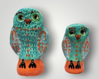 Handmade Ceramic Owl Figurines, Aqua Blue Folk Art, Set of Two