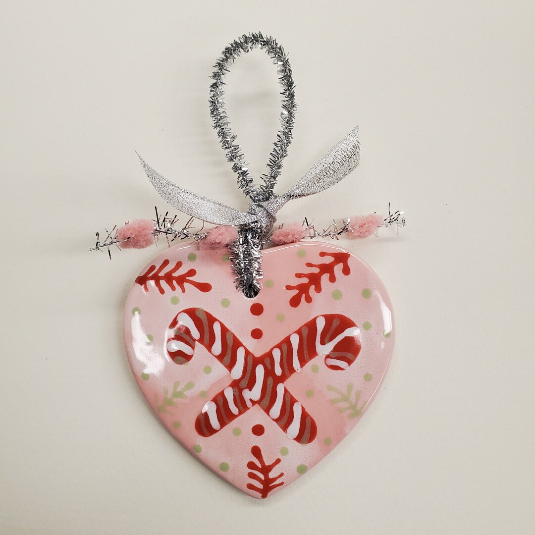 Christmas Tree Ceramic Pink Candy Canes Heart Ornament by Sharon Bloom
