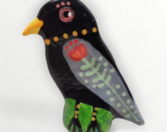 Handmade Ceramic Folk Art Blackbird Sculpture by Sharon Bloom Designs