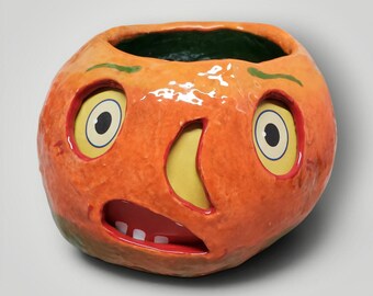 Halloween Hand Sculpted Ceramic Pumpkin Jack-O-Lantern LED Lantern by Sharon Bloom Designs OOAK