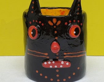 Ceramic Halloween Anthropomorphic Black Cat Pumpkin Sculpture Container Jar by Sharon Bloom Designs