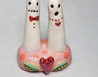 Ceramic Ghost Couple Heart Folk Art Sculpture Handmade by Sharon Bloom Designs