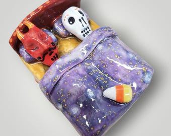 Halloween Handmade Sleeping Devil Skeleton Moon Candy Corn in Bed Ceramic Sculptural Rattle