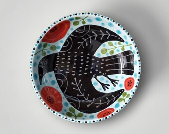 Ceramic Blackbird Flowers Small Folk Art Bowl Hand Painted by Sharon Bloom Designs
