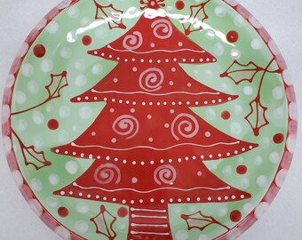 Christmas Tree Ceramic Angle Edge Dinner Plate Hand Painted from Sharon Bloom Designs
